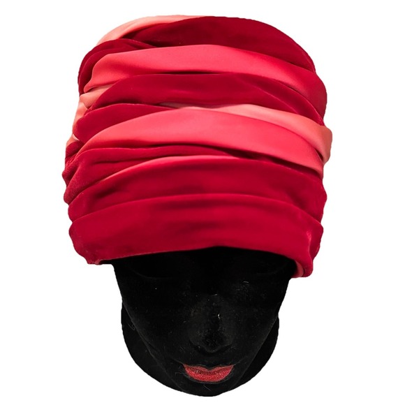 Melinda Original Accessories - Melinda Original Vtg Turban Hat Pink Red Velvet Mesh Lined 60's Boho Easter WWII